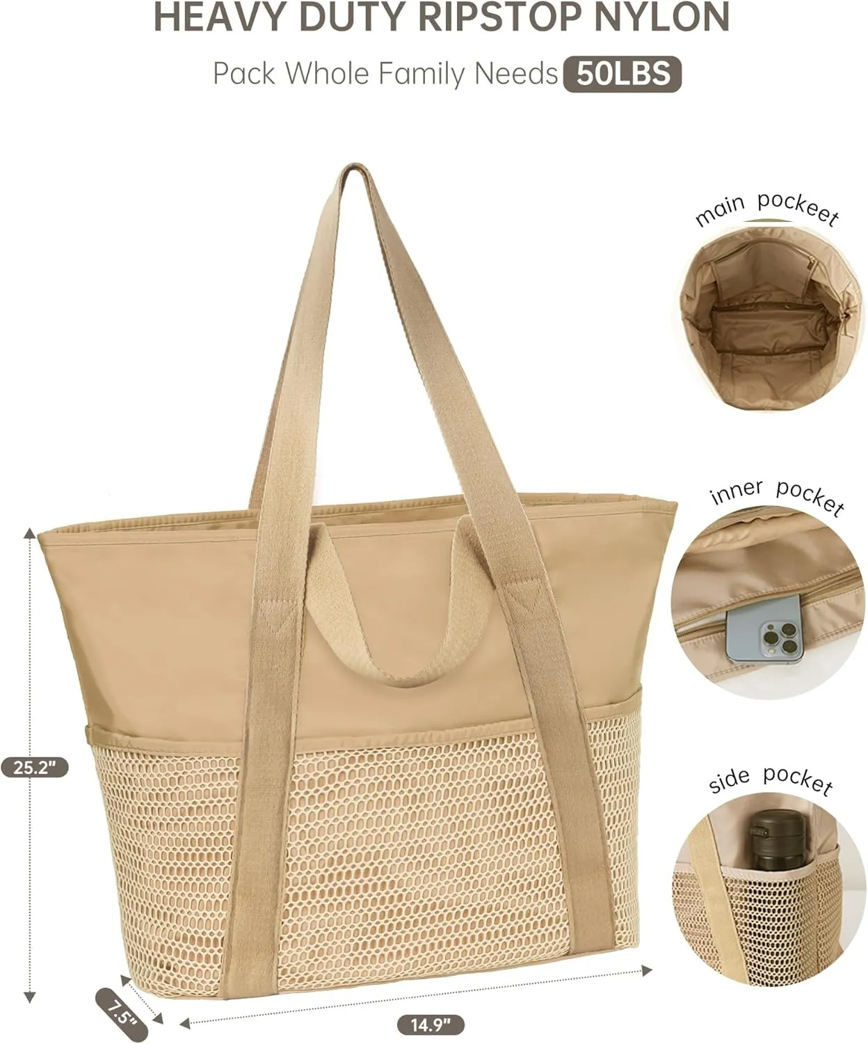 Beach Bag-Travel Tote Bags for Women with Zipper Waterproof Sandproof Beachs totes for Family Vacation Essential