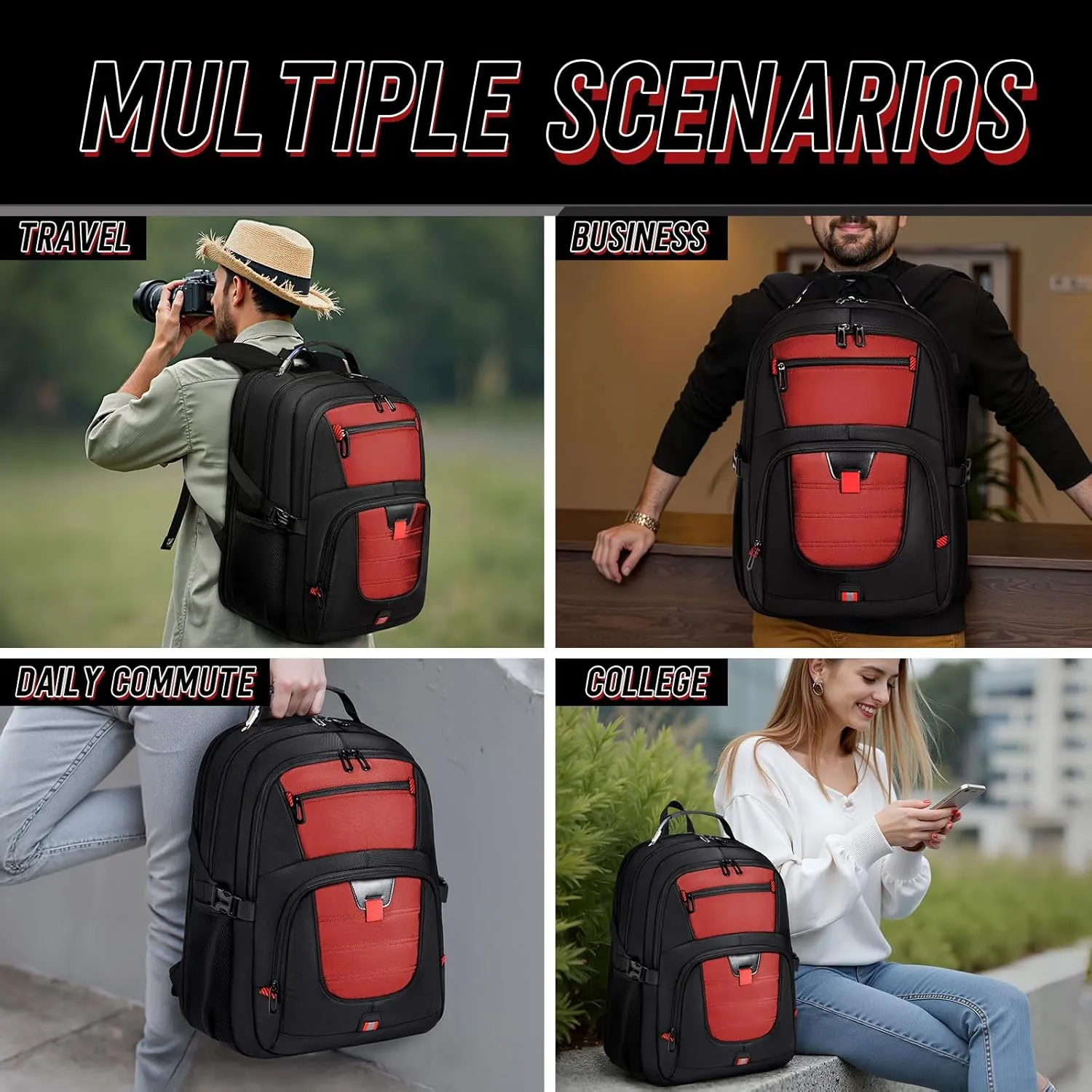 Big Travel Backpack, Large Laptop Backpack, TSA Approved Bag 50L, Anti-Theft Water Resistant Computer Daypack 17.3 Inch with USB Port, Business College Teacher Weekender Back Pack for Men Women, Red