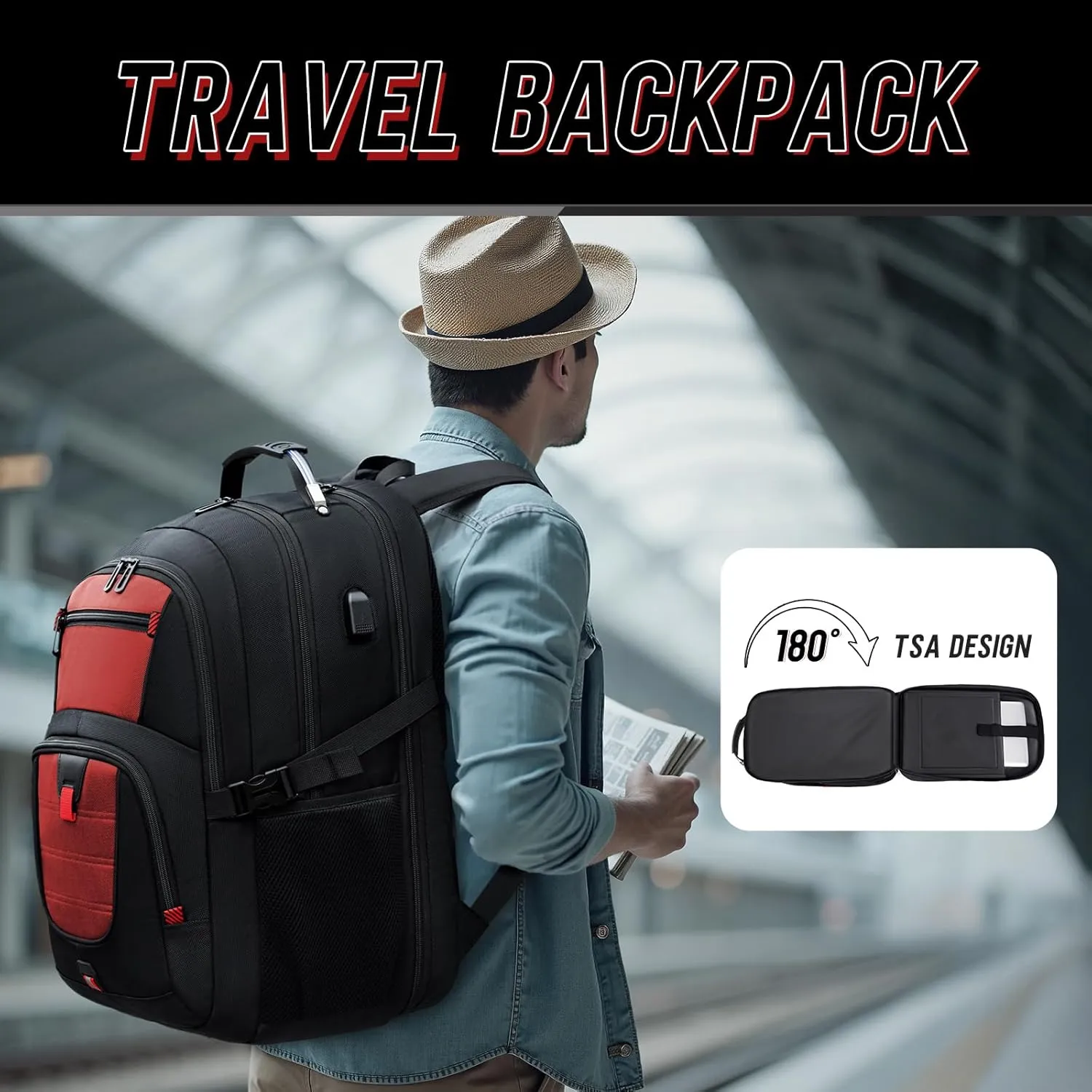Big Travel Backpack, Large Laptop Backpack, TSA Approved Bag 50L, Anti-Theft Water Resistant Computer Daypack 17.3 Inch with USB Port, Business College Teacher Weekender Back Pack for Men Women, Red