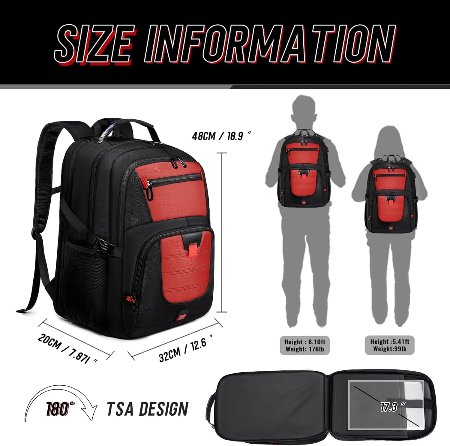 Big Travel Backpack, Large Laptop Backpack, TSA Approved Bag 50L, Anti-Theft Water Resistant Computer Daypack 17.3 Inch with USB Port, Business College Teacher Weekender Back Pack for Men Women, Red