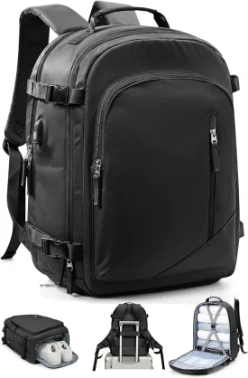 BJLFS Travel Backpack for Women Men, Carry On Backpack with USB Charging Port & Shoe Pouch, TSA 15.6inch, Flight Approved, College Nurse Bag Casual Laptop Daypack for Weekender Business Hiking,Black