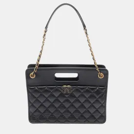 Black Aged Calfskin Leather CC Quilted Shopping Tote Bag