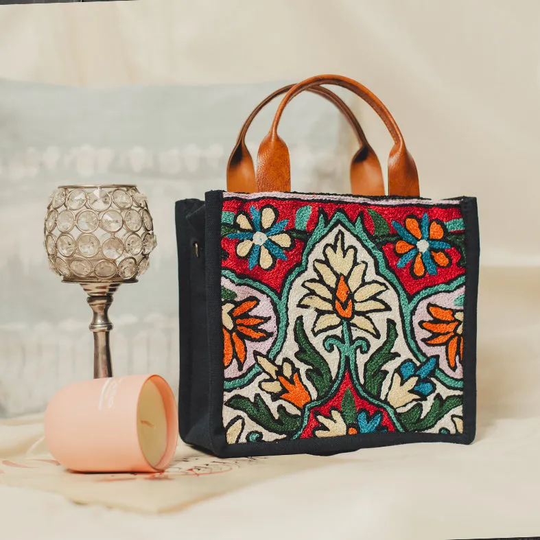 Black - Tulip Blue Chain Stitch Hand Embroidery Canvas Mini Book Bag