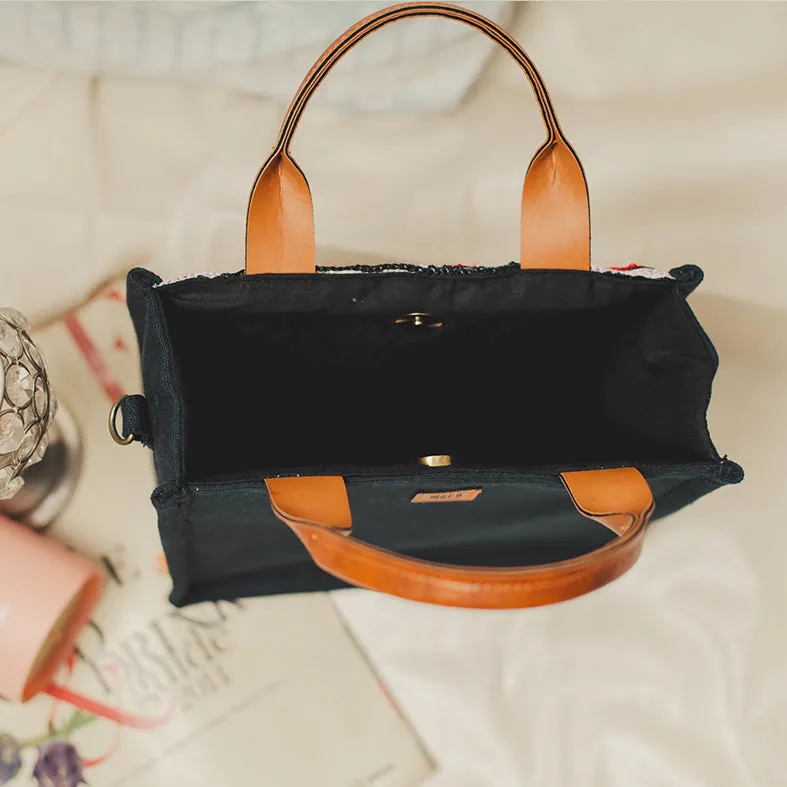 Black - Tulip Blue Chain Stitch Hand Embroidery Canvas Mini Book Bag