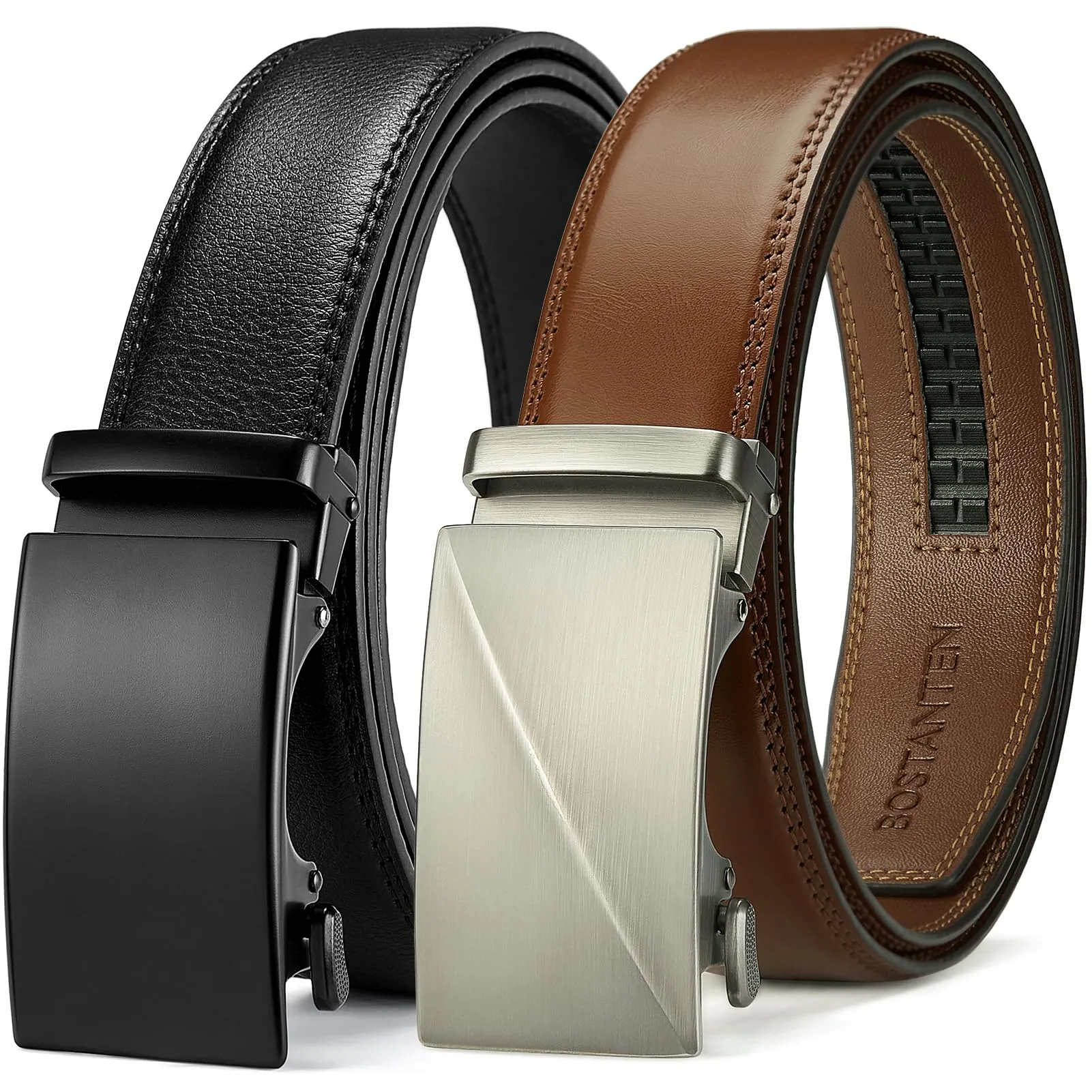 BOSTANTEN Mens Belt Leather 2 Pack Ratchet Belt For Men Gift Dress and Casual with Adjustable Buckle, Trim to Fit