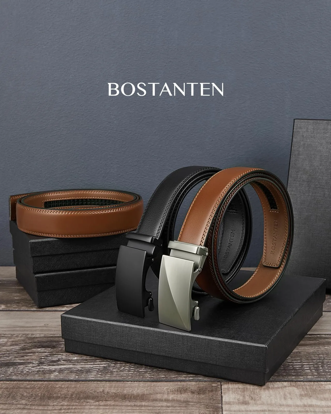 BOSTANTEN Mens Belt Leather 2 Pack Ratchet Belt For Men Gift Dress and Casual with Adjustable Buckle, Trim to Fit