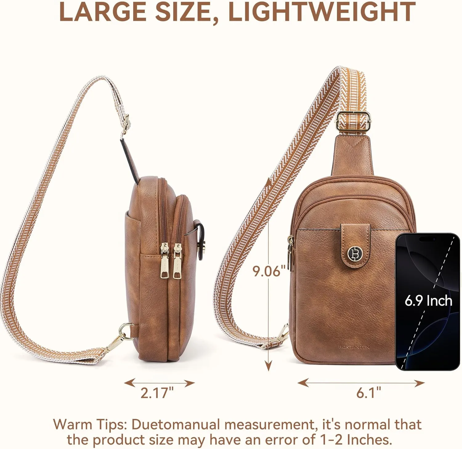 BOSTANTEN Sling Bag for Women Crossbody Bag Vegan Leather Cross Body Purse Large Fanny Pack Travel Purse
