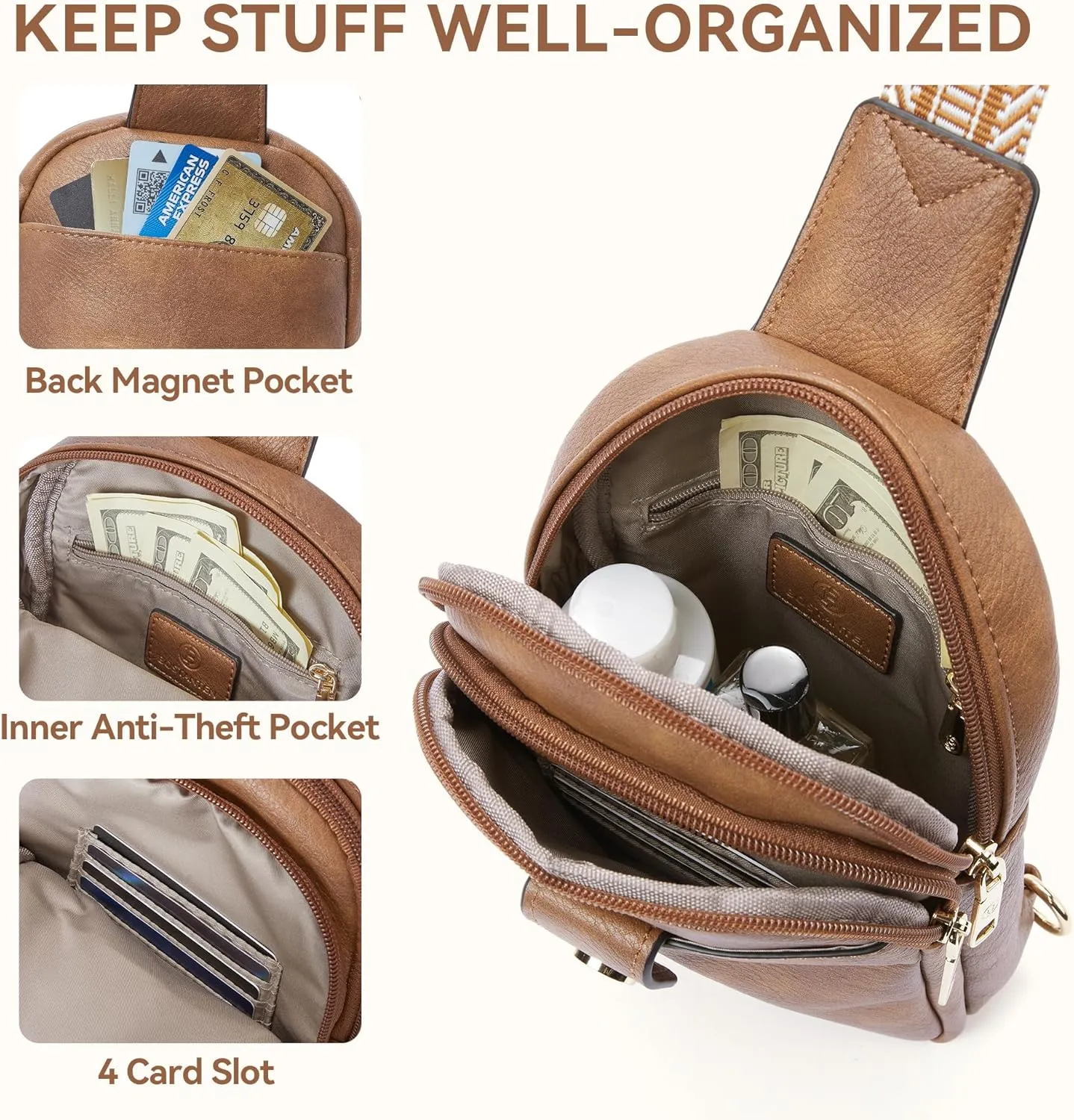 BOSTANTEN Sling Bag for Women Crossbody Bag Vegan Leather Cross Body Purse Large Fanny Pack Travel Purse