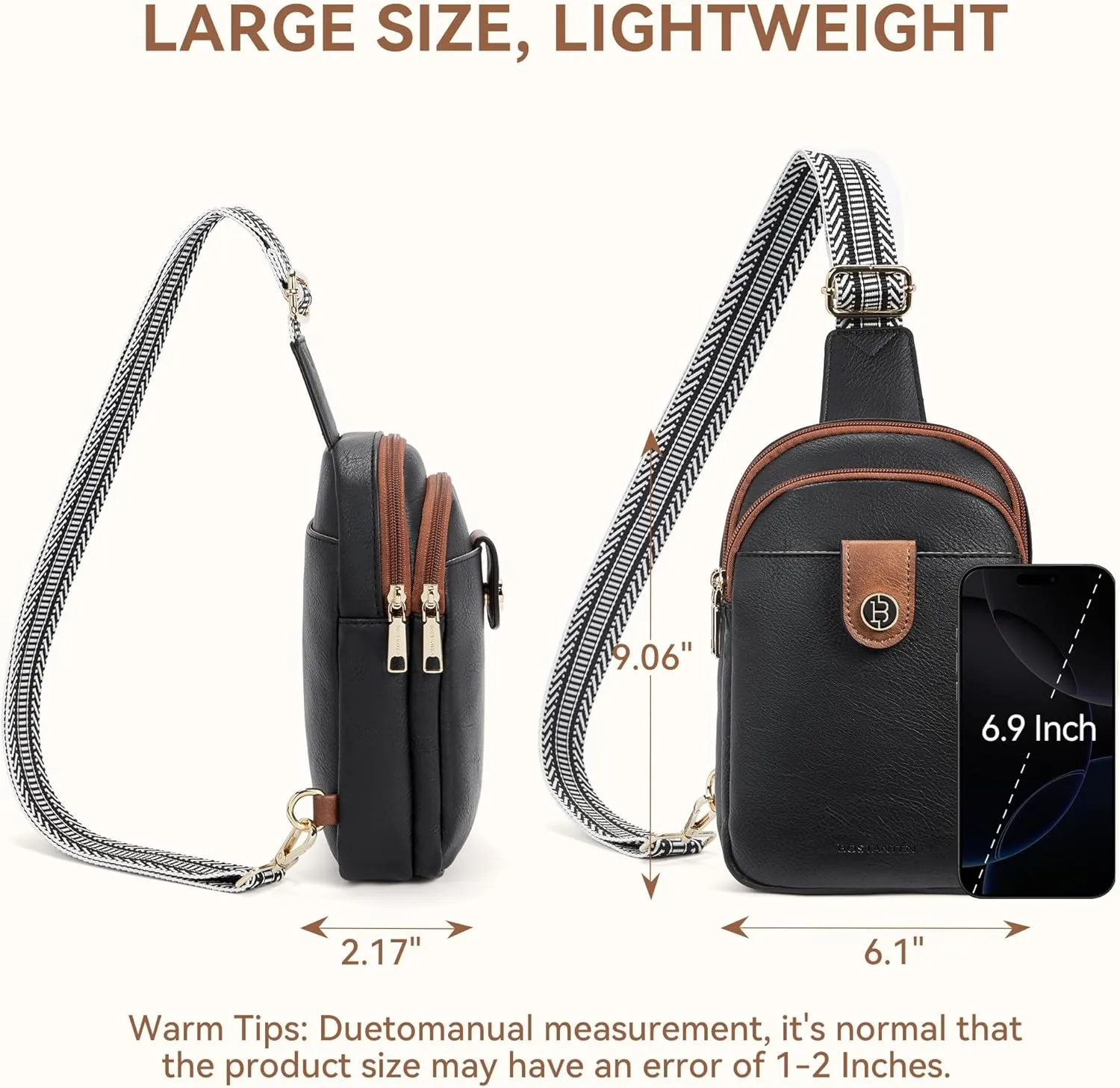 BOSTANTEN Sling Bag for Women Crossbody Bag Vegan Leather Cross Body Purse Large Fanny Pack Travel Purse