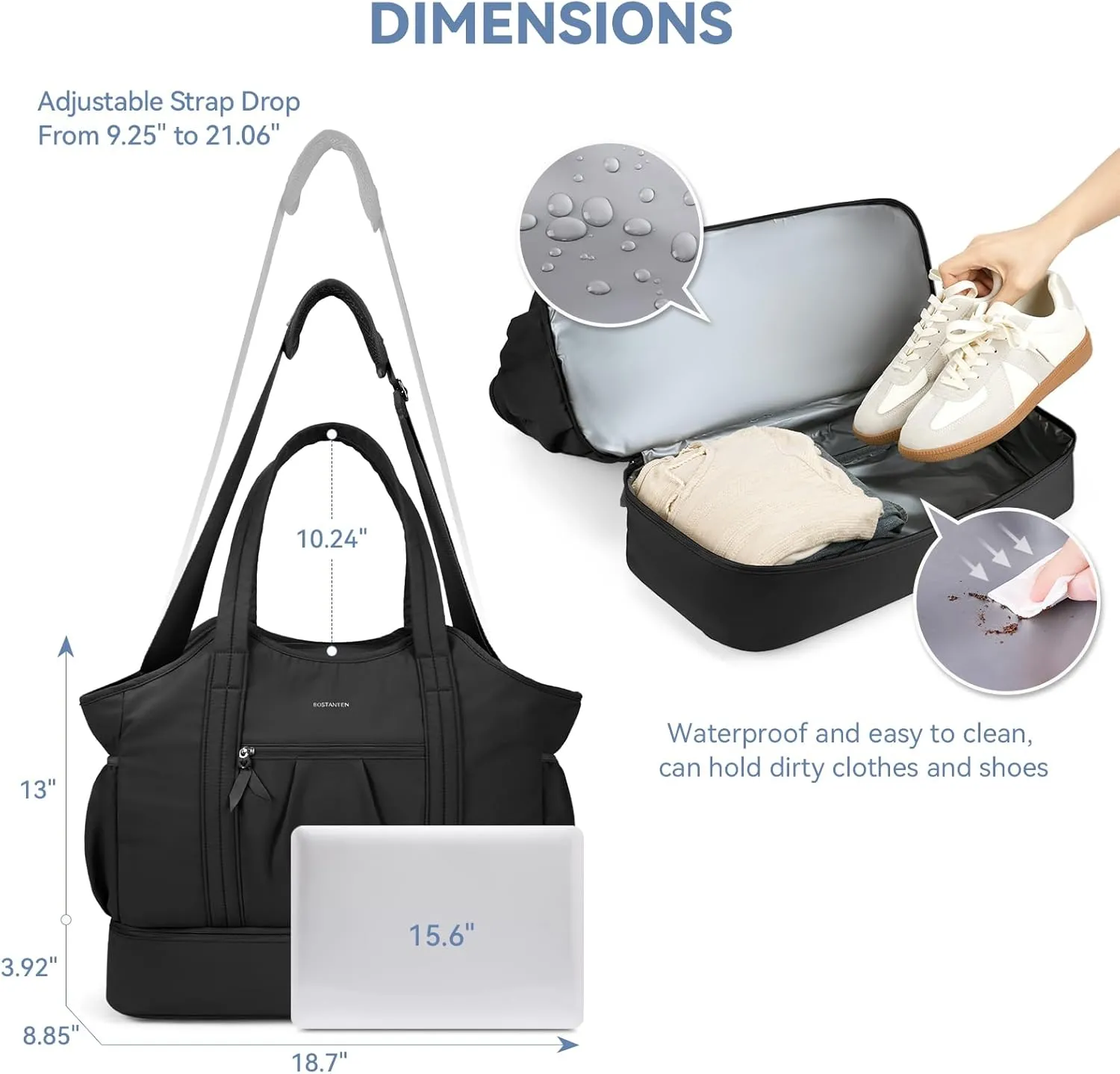 BOSTANTEN Weekender Bags for Women Travel Duffle Waterproof Gym Bag with Shoe Compartment