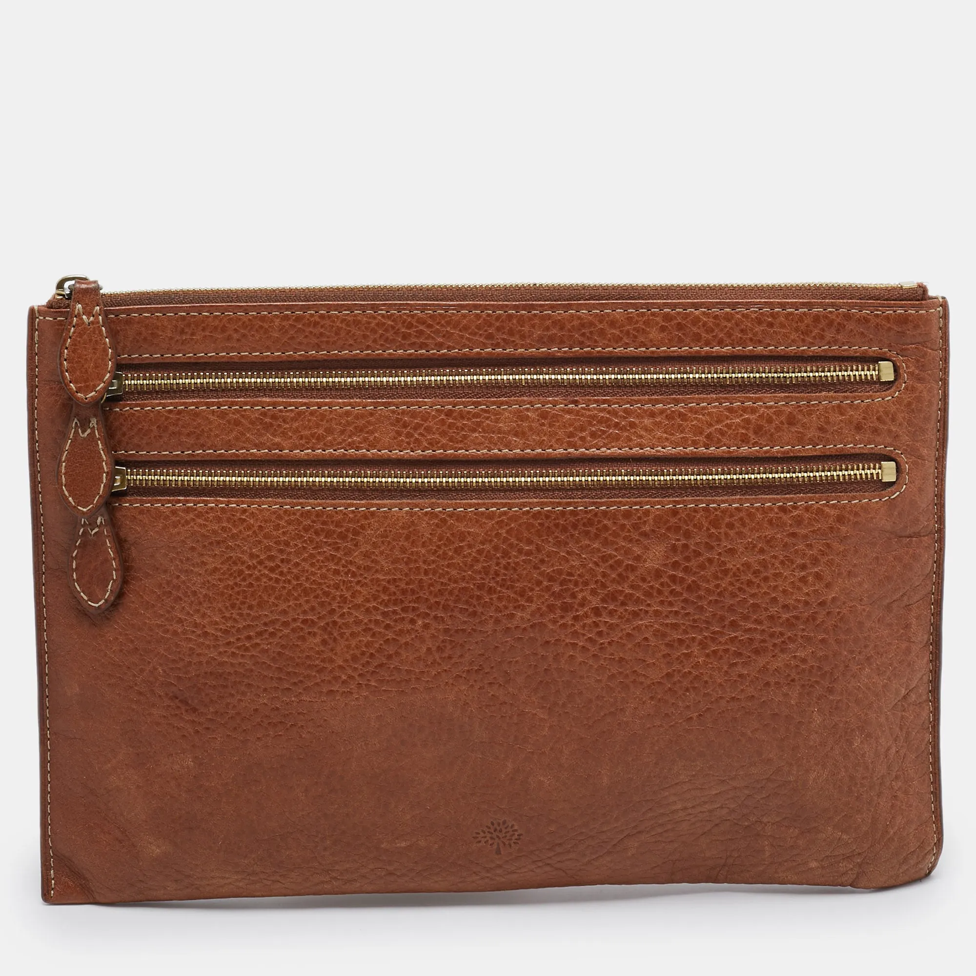 Brown Leather Multi Zip Slim Pouch