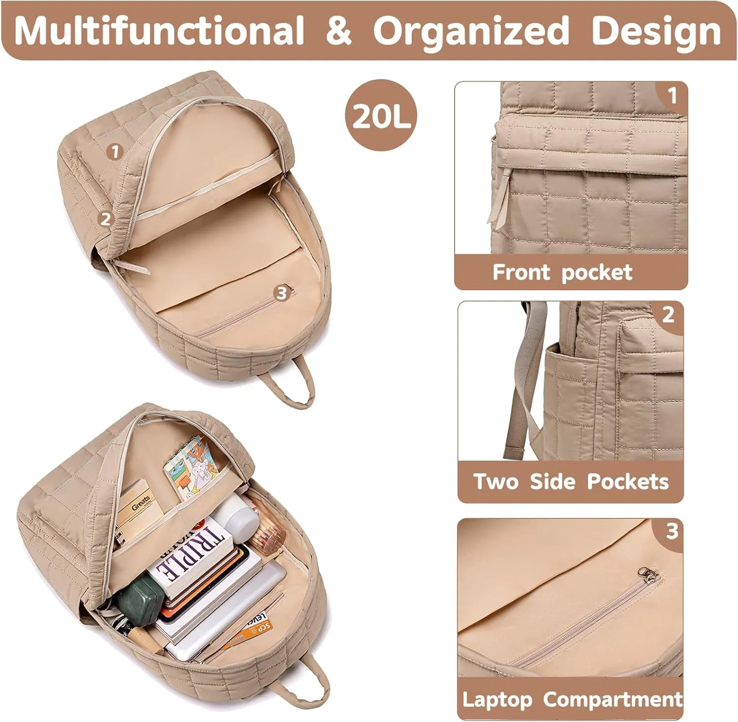 BTOOP Travel Backpack for Women Work Backpack Quilted College Backpacks for School Fit 15.6 Inch Laptop(Quilting-Khaki)