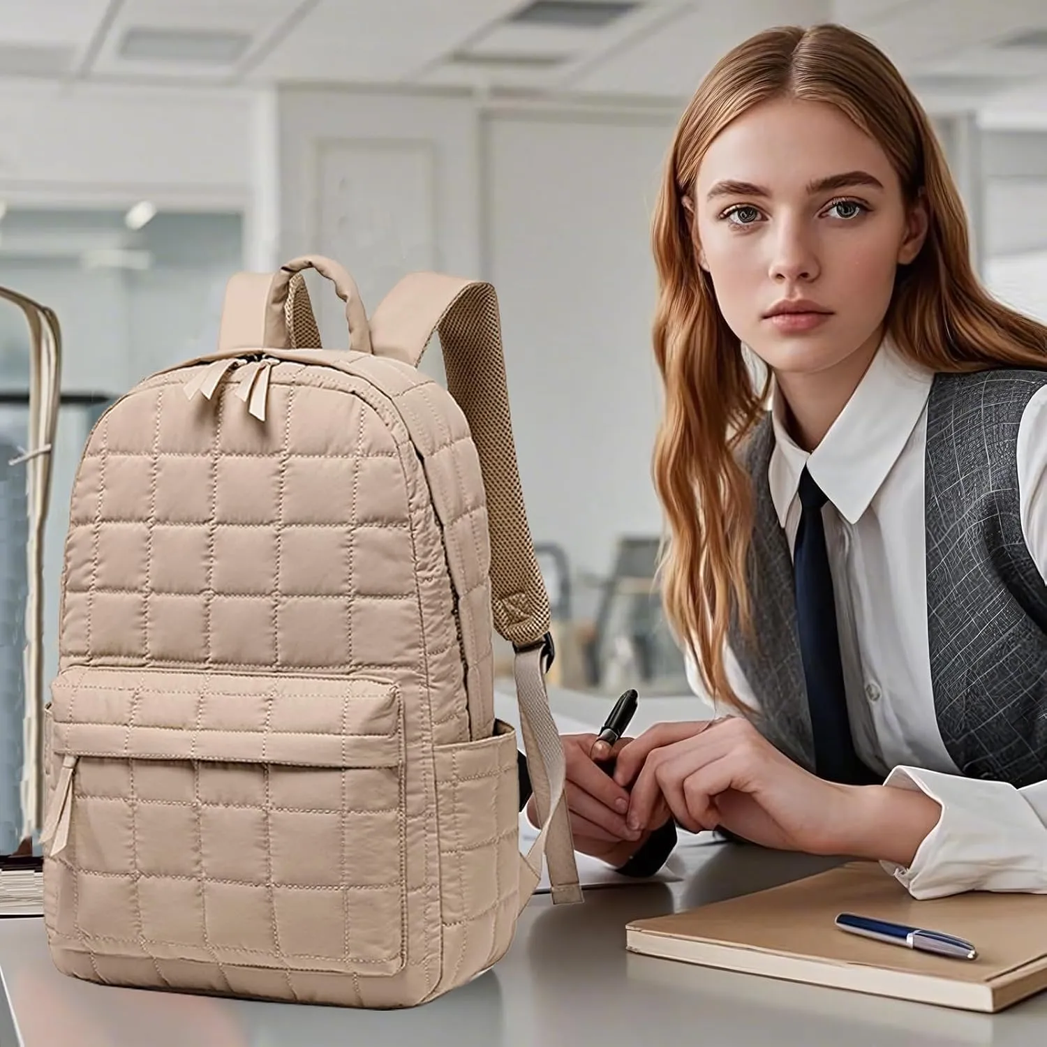 BTOOP Travel Backpack for Women Work Backpack Quilted College Backpacks for School Fit 15.6 Inch Laptop(Quilting-Khaki)