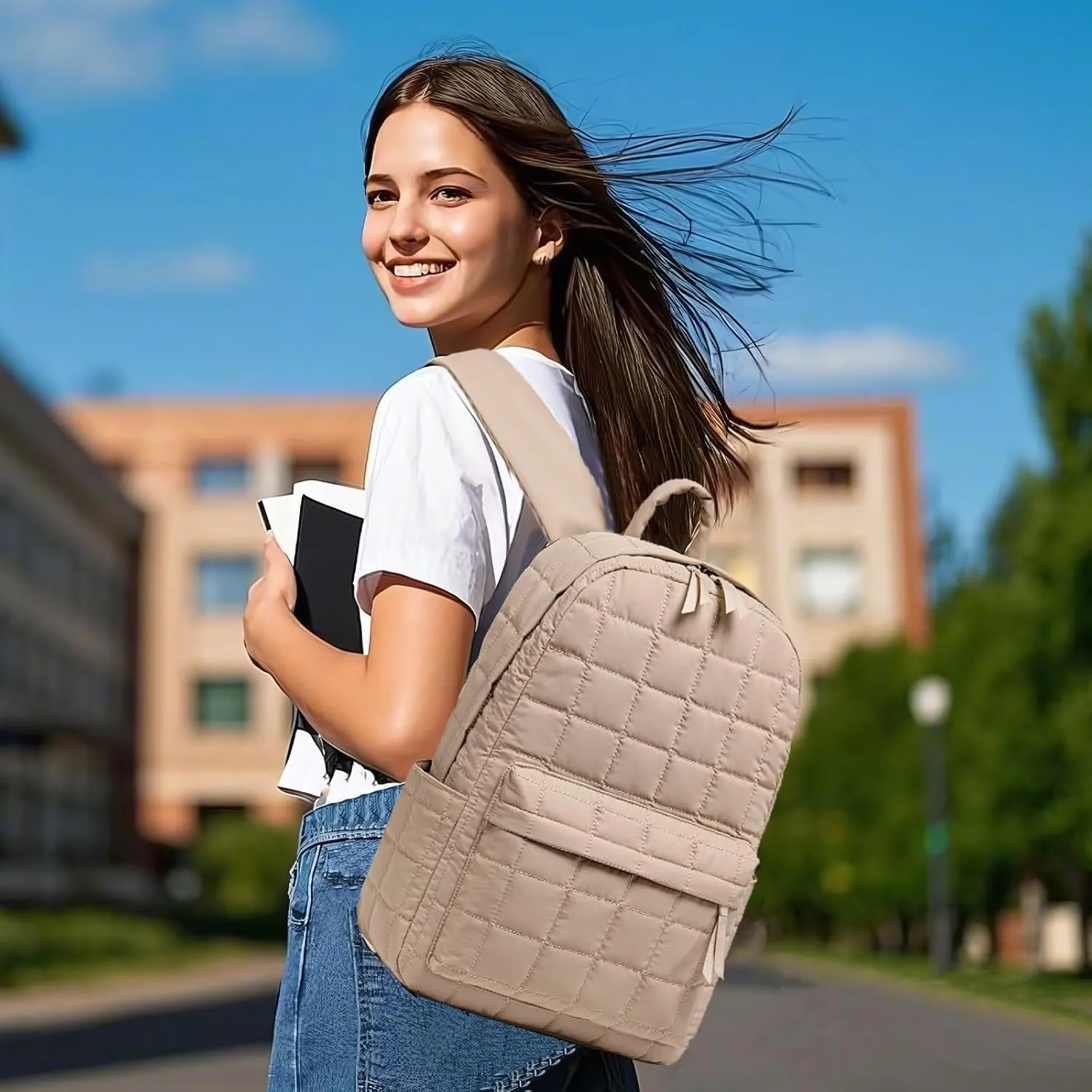 BTOOP Travel Backpack for Women Work Backpack Quilted College Backpacks for School Fit 15.6 Inch Laptop(Quilting-Khaki)