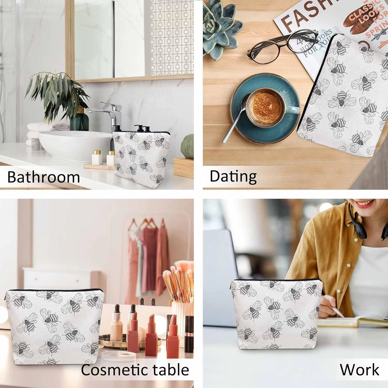 Bumblebee Makeup Bag For Women, Adorable Cosmetic Bag Makeup Bags, Gray Animal Bee Bumblebees Zipper Bag Travel Bags Toiletry Organizers Pouch Bags Washing Bags For Gym Bathroom