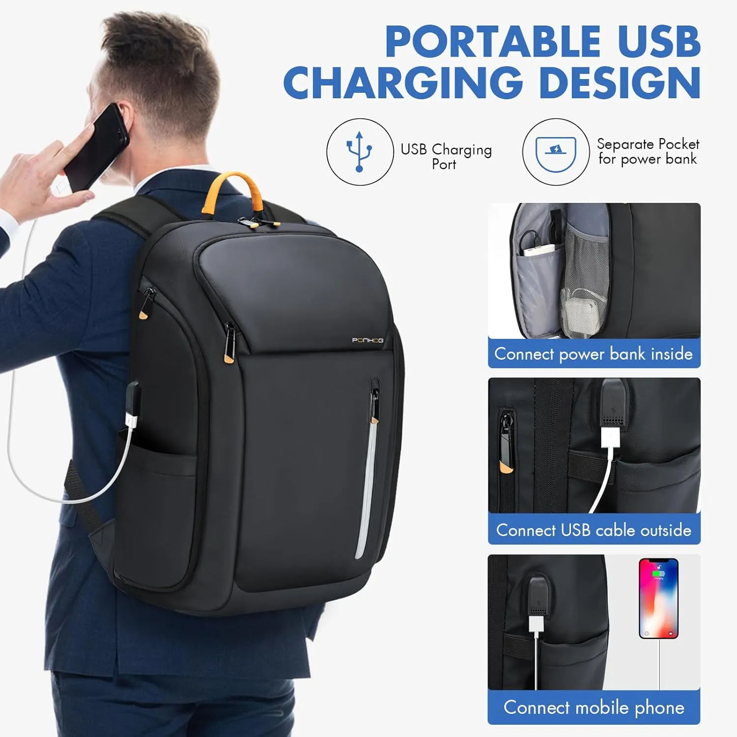 Business Backpack for Men -30L Airplane Approved Travel Backpacks with USB Charging Port Fit 17.3 inch Laptop 900D Nylon Water-Resistant Ergonomic Computer Bag Black
