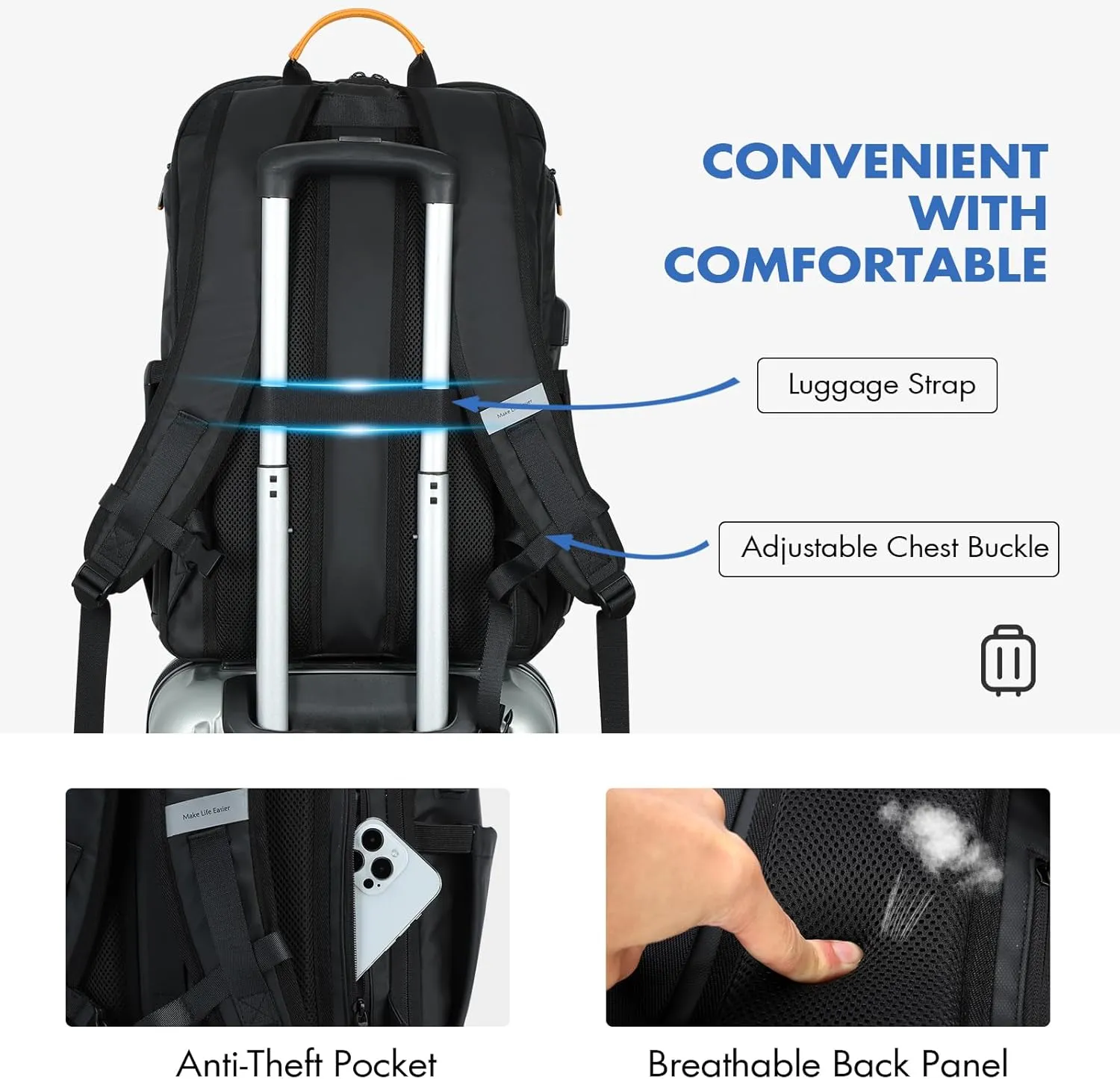 Business Backpack for Men -30L Airplane Approved Travel Backpacks with USB Charging Port Fit 17.3 inch Laptop 900D Nylon Water-Resistant Ergonomic Computer Bag Black