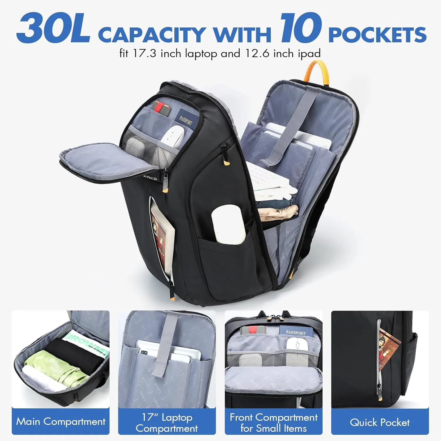 Business Backpack for Men -30L Airplane Approved Travel Backpacks with USB Charging Port Fit 17.3 inch Laptop 900D Nylon Water-Resistant Ergonomic Computer Bag Black