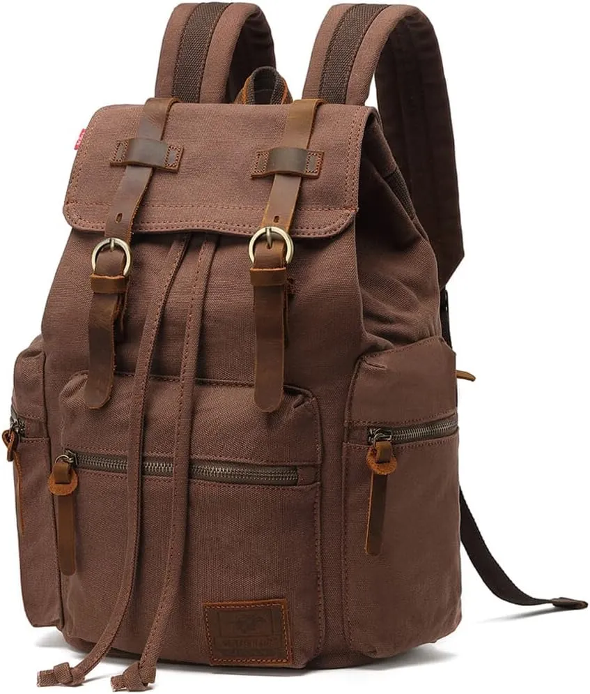 Canvas Backpack Unisex Vintage Casual Rucksack 17 inch Laptop Daypacks Schoolbag College Bookbag Hiking Camping Travel Bag Coffee