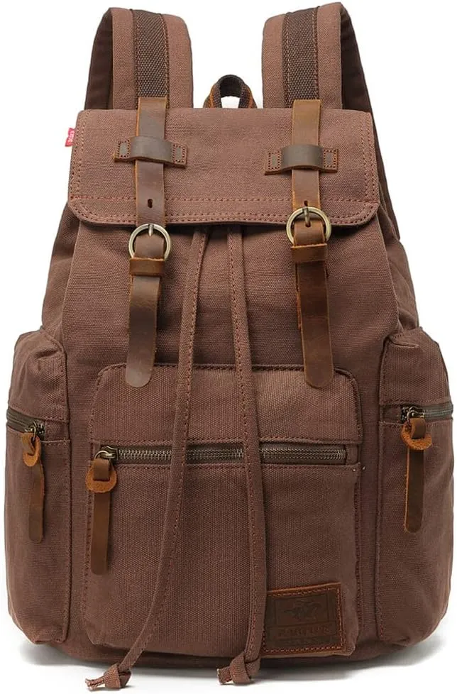 Canvas Backpack Unisex Vintage Casual Rucksack 17 inch Laptop Daypacks Schoolbag College Bookbag Hiking Camping Travel Bag Coffee
