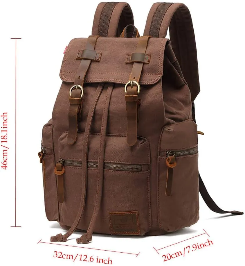 Canvas Backpack Unisex Vintage Casual Rucksack 17 inch Laptop Daypacks Schoolbag College Bookbag Hiking Camping Travel Bag Coffee