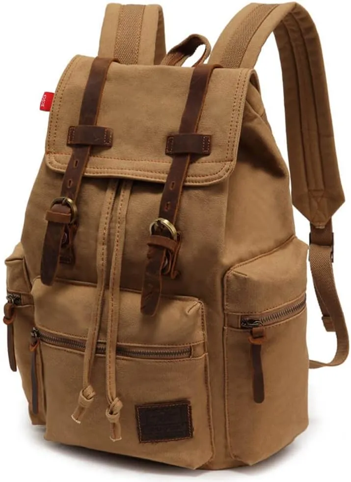 Canvas Backpack Unisex Vintage Casual Rucksack 17 inch Laptop Daypacks Schoolbag College Bookbag Hiking Camping Travel Bag Khaki