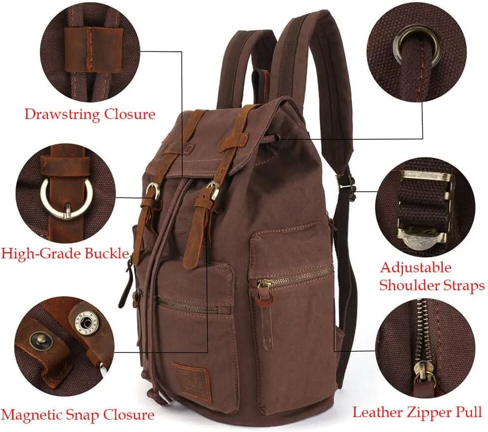 Canvas Backpack Unisex Vintage Casual Rucksack 17 inch Laptop Daypacks Schoolbag College Bookbag Hiking Camping Travel Bag Khaki