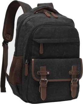 Canvas Laptop Backpack with USB Charging Port, Vintage Daypack for Men Women, Black Travel Work Rucksack College Computer Bag Bookbag Fits 15.6 Inch Lapop, Black