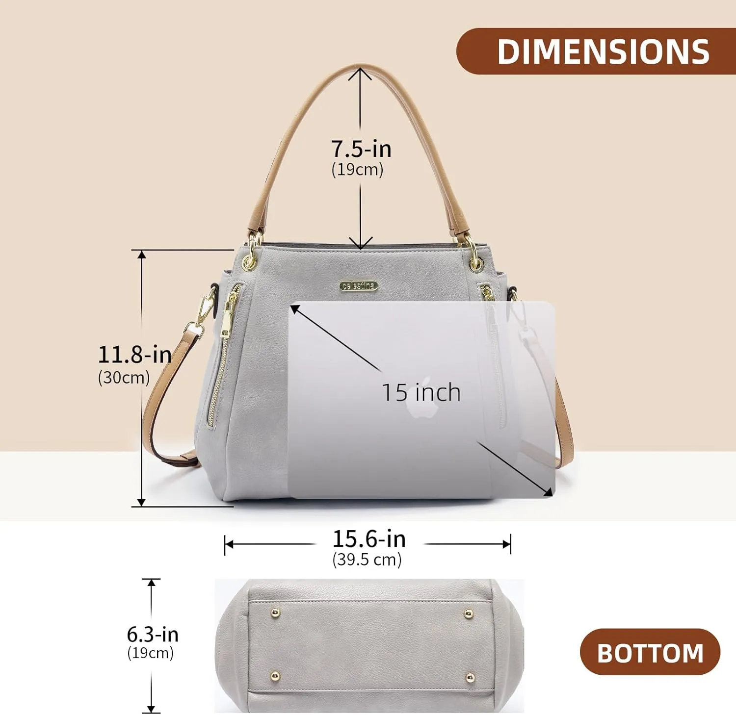 celestina Women Tote Bag Medium Designer Satchel Handbag, Top-Handle Purse with Strap, Fits 15-inch Laptop
