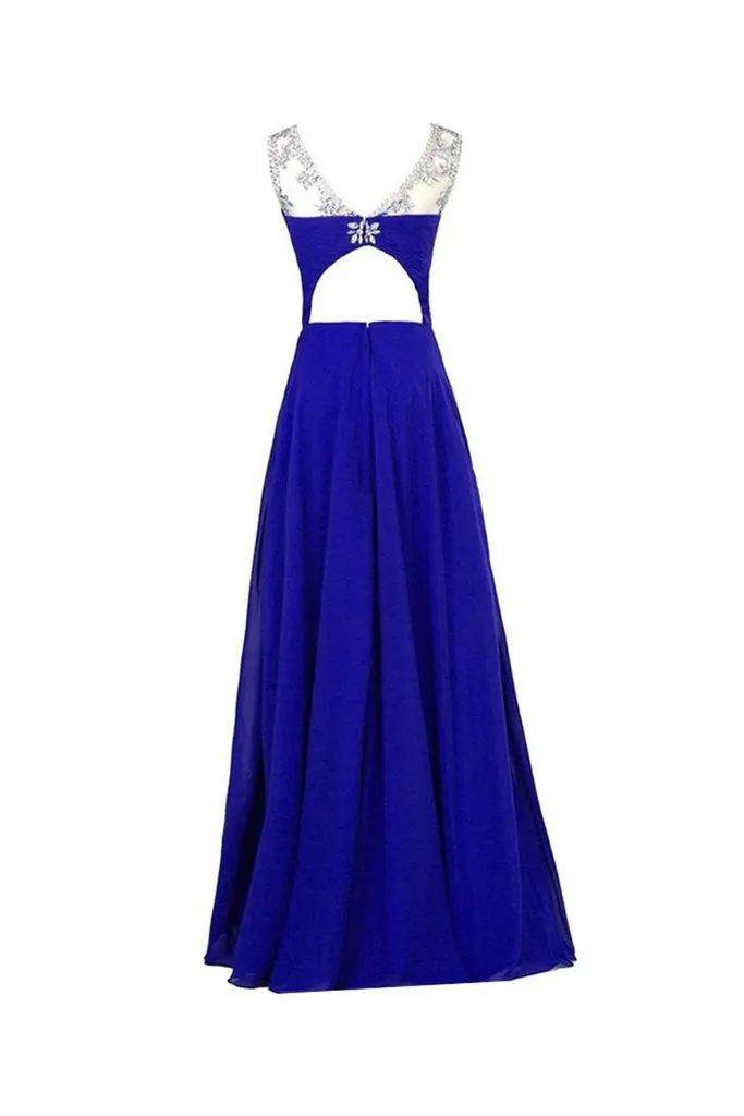 Chiffon Royal Blue Beaded Long Prom Evening Dresses  GY163