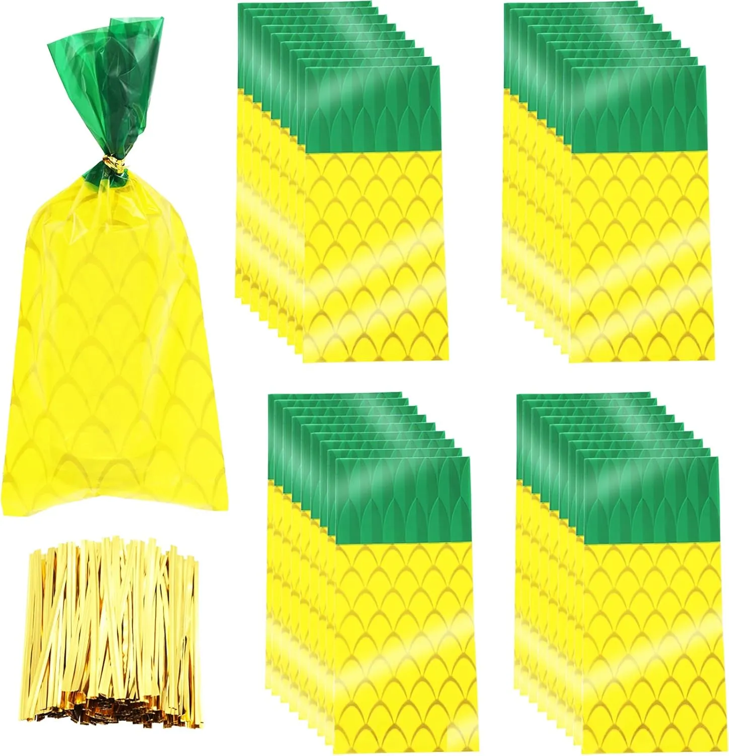 Chinco 100 Pieces Pineapple Cellophane Bags Cellophane Treat Bags Party Favor Bags with 200 Pieces Gold Twist Ties for Cookies Candies Summer Hawaiian Holiday Holiday Swimming Pool Party