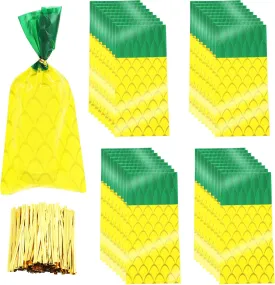 Chinco 100 Pieces Pineapple Cellophane Bags Cellophane Treat Bags Party Favor Bags with 200 Pieces Gold Twist Ties for Cookies Candies Summer Hawaiian Holiday Holiday Swimming Pool Party