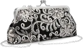 Clutch Purse for Women Floral Embroidery Sequin Evening Bags Elegant Kiss Lock Wedding Party Cocktail