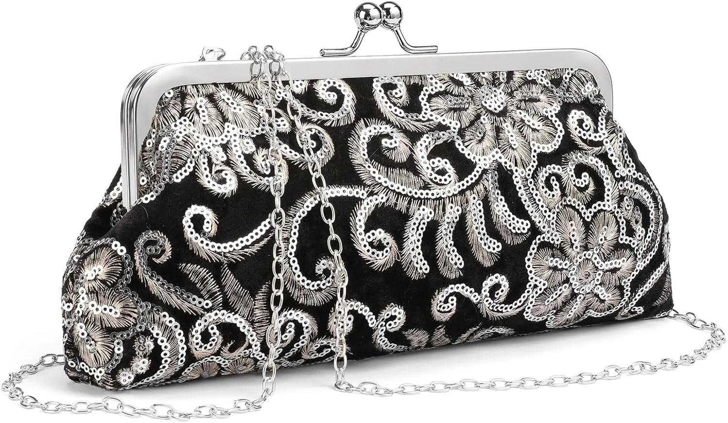 Clutch Purse for Women Floral Embroidery Sequin Evening Bags Elegant Kiss Lock Wedding Party Cocktail