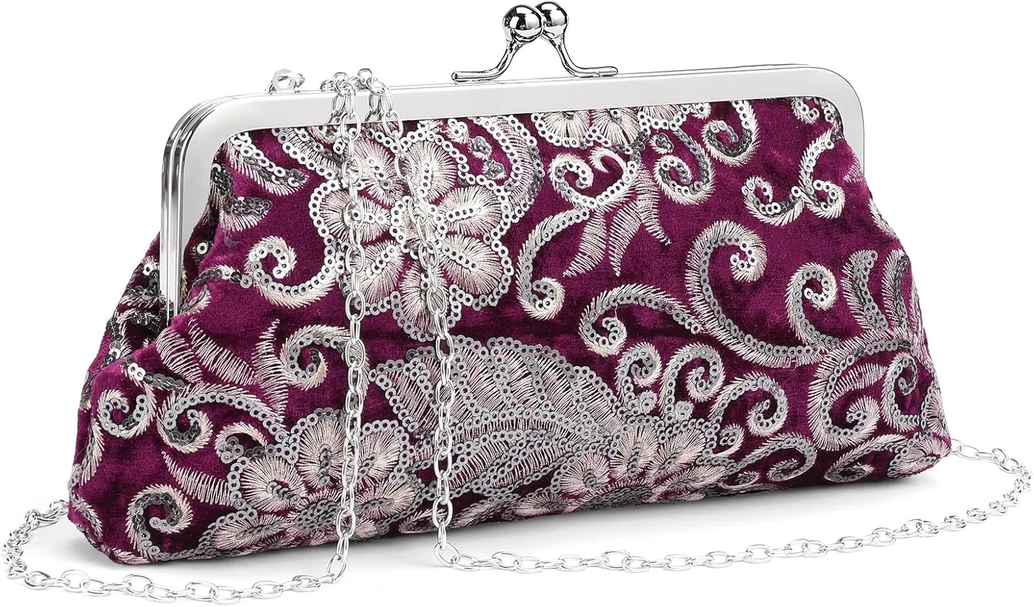 Clutch Purse for Women Floral Embroidery Sequin Evening Bags Elegant Kiss Lock Wedding Party Cocktail