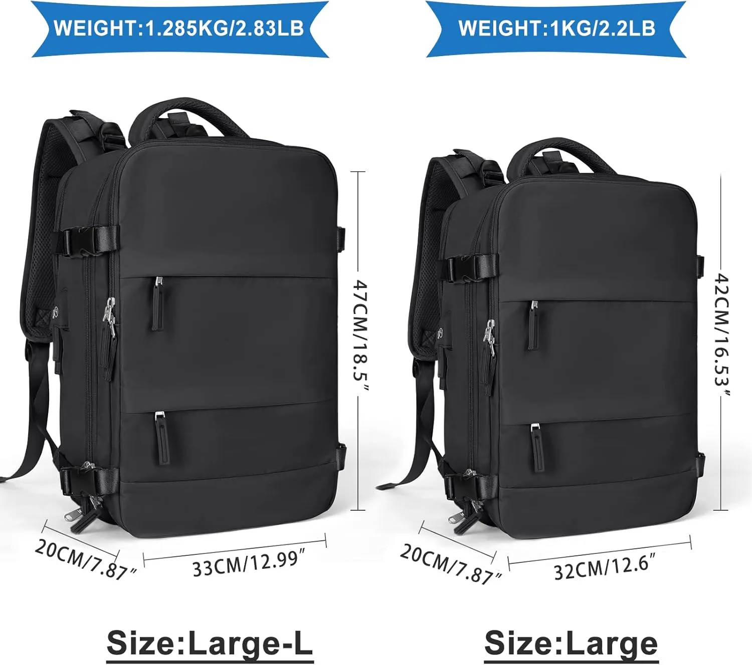 coowoz Large Travel Backpack For Women Men,Carry On Backpack Flight Approved,Hiking Backpack Waterproof Outdoor Sports Rucksack Casual Daypack Fit 15.6 Inch Laptop Shoes Compartment (Black)
