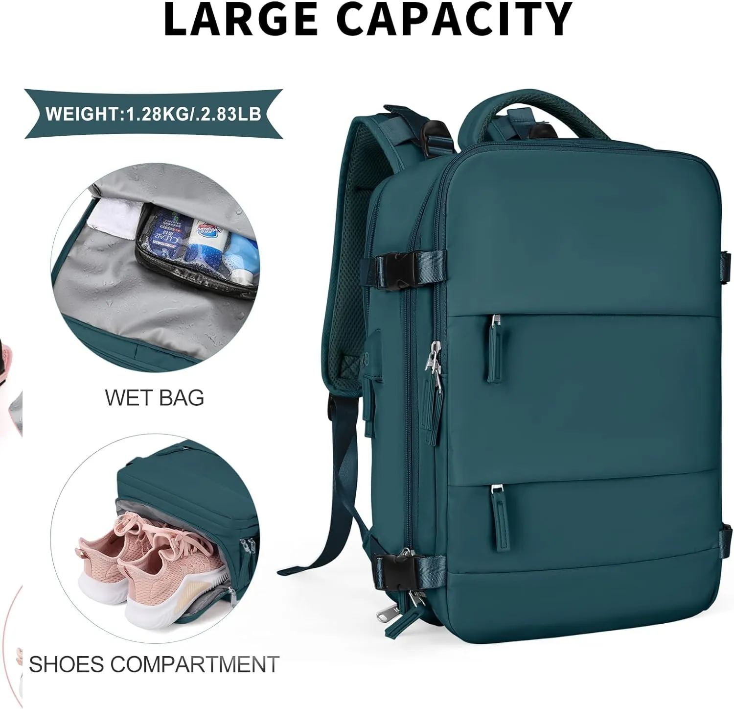coowoz Large Travel Backpack For Women Men,Carry On Flight Approved,Hiking Waterproof Outdoor Sports Rucksack Casual Daypack Fit 15.6 Inch Laptop Shoes Compartment (Peacock Blue)