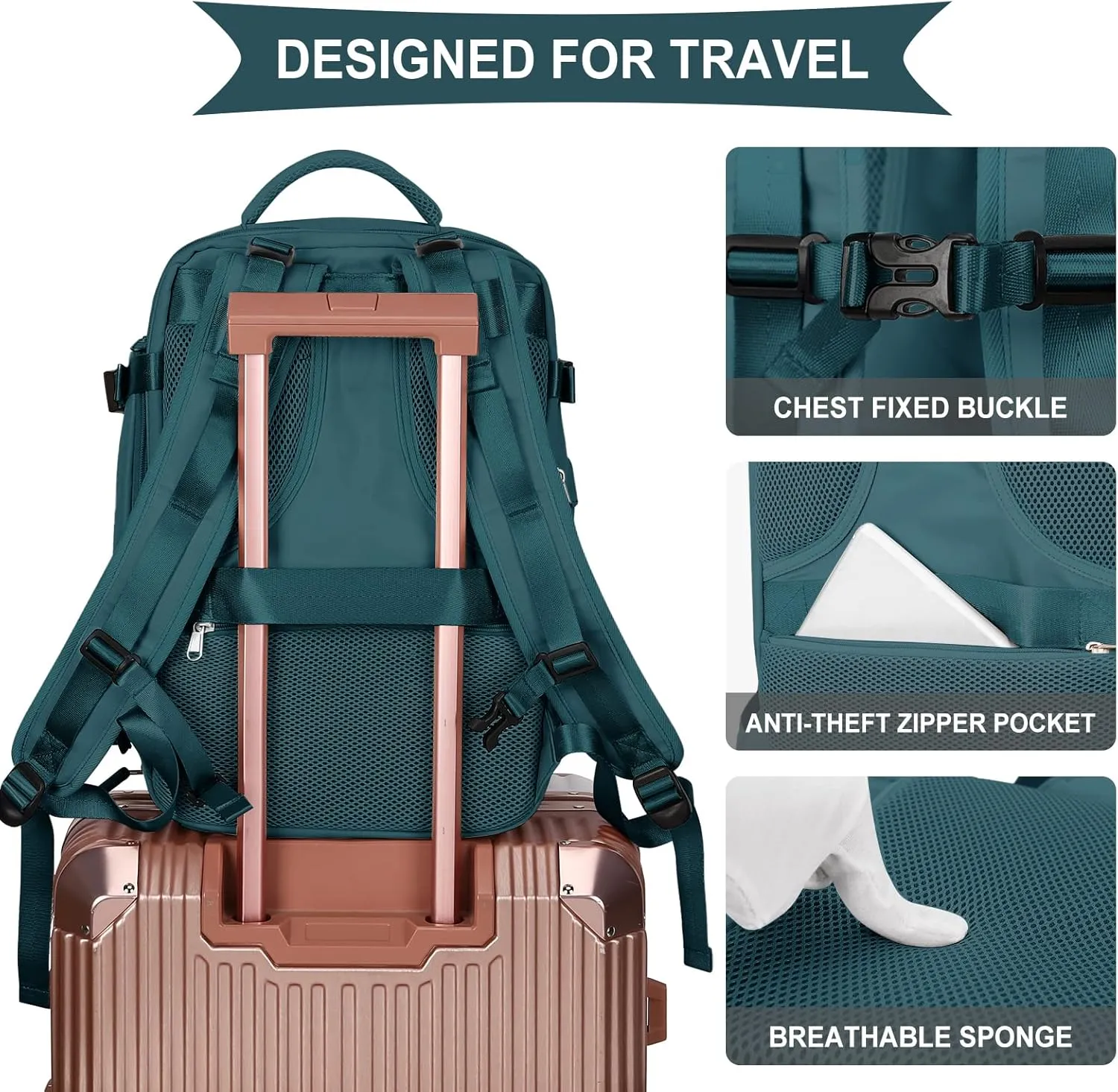 coowoz Large Travel Backpack For Women Men,Carry On Flight Approved,Hiking Waterproof Outdoor Sports Rucksack Casual Daypack Fit 15.6 Inch Laptop Shoes Compartment (Peacock Blue)