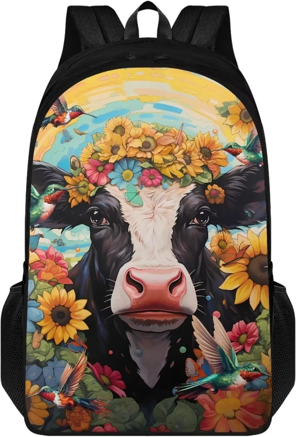 Cow Hummingbrid Flower Print Kids Schoolbag Book Bag Teen Girls Lightweight School Backpacks Daypack Rucksack with Double Compartment for Children Knapsack School Pack Back to School