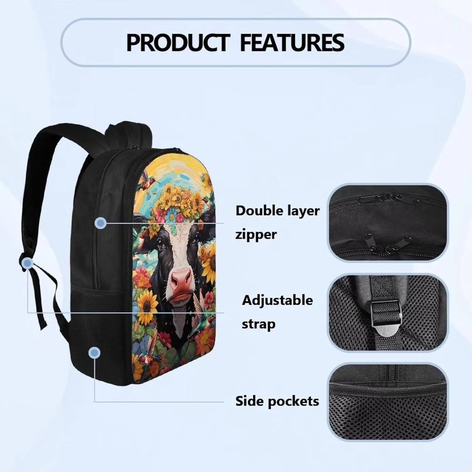 Cow Hummingbrid Flower Print Kids Schoolbag Book Bag Teen Girls Lightweight School Backpacks Daypack Rucksack with Double Compartment for Children Knapsack School Pack Back to School
