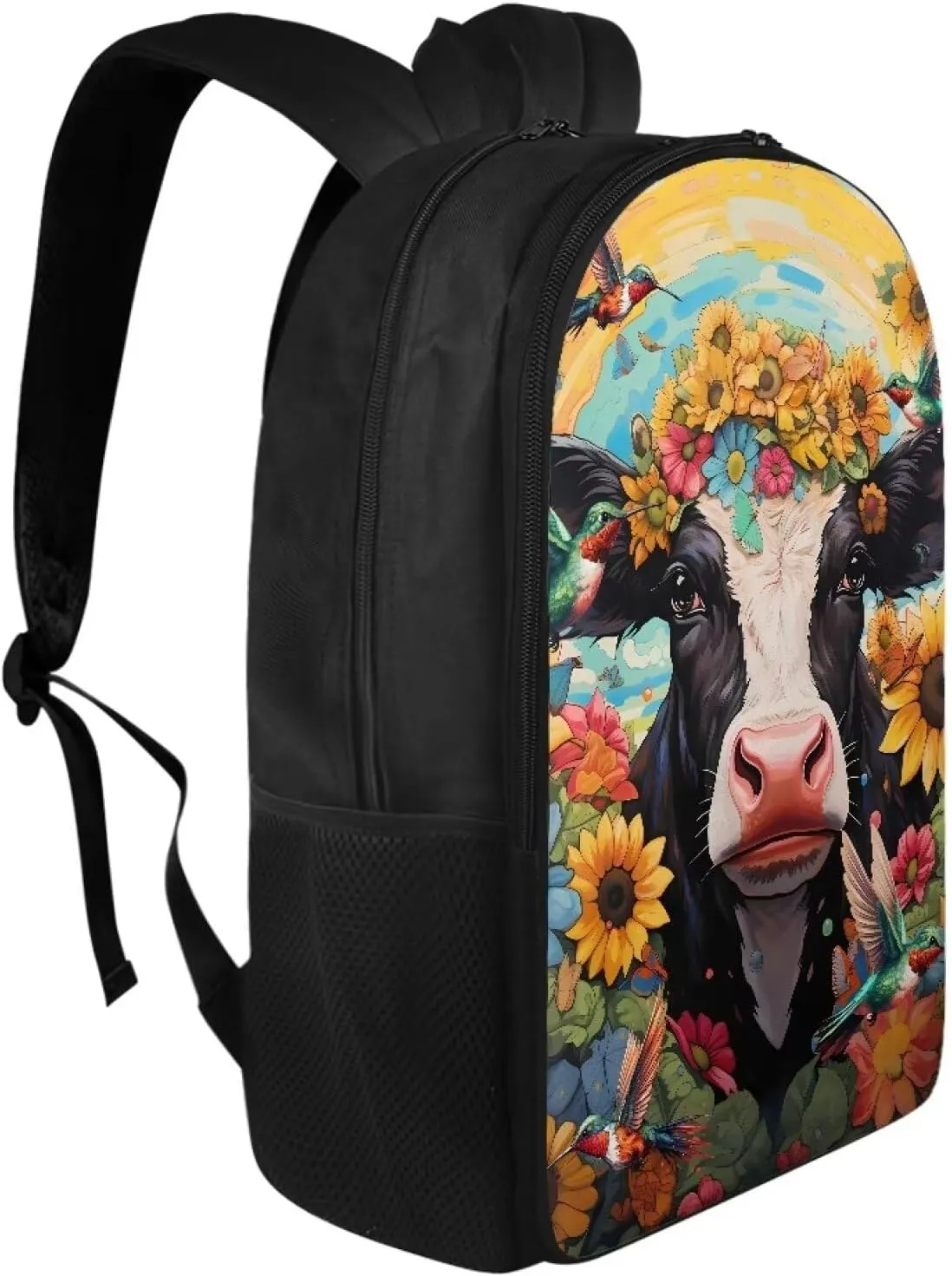 Cow Hummingbrid Flower Print Kids Schoolbag Book Bag Teen Girls Lightweight School Backpacks Daypack Rucksack with Double Compartment for Children Knapsack School Pack Back to School