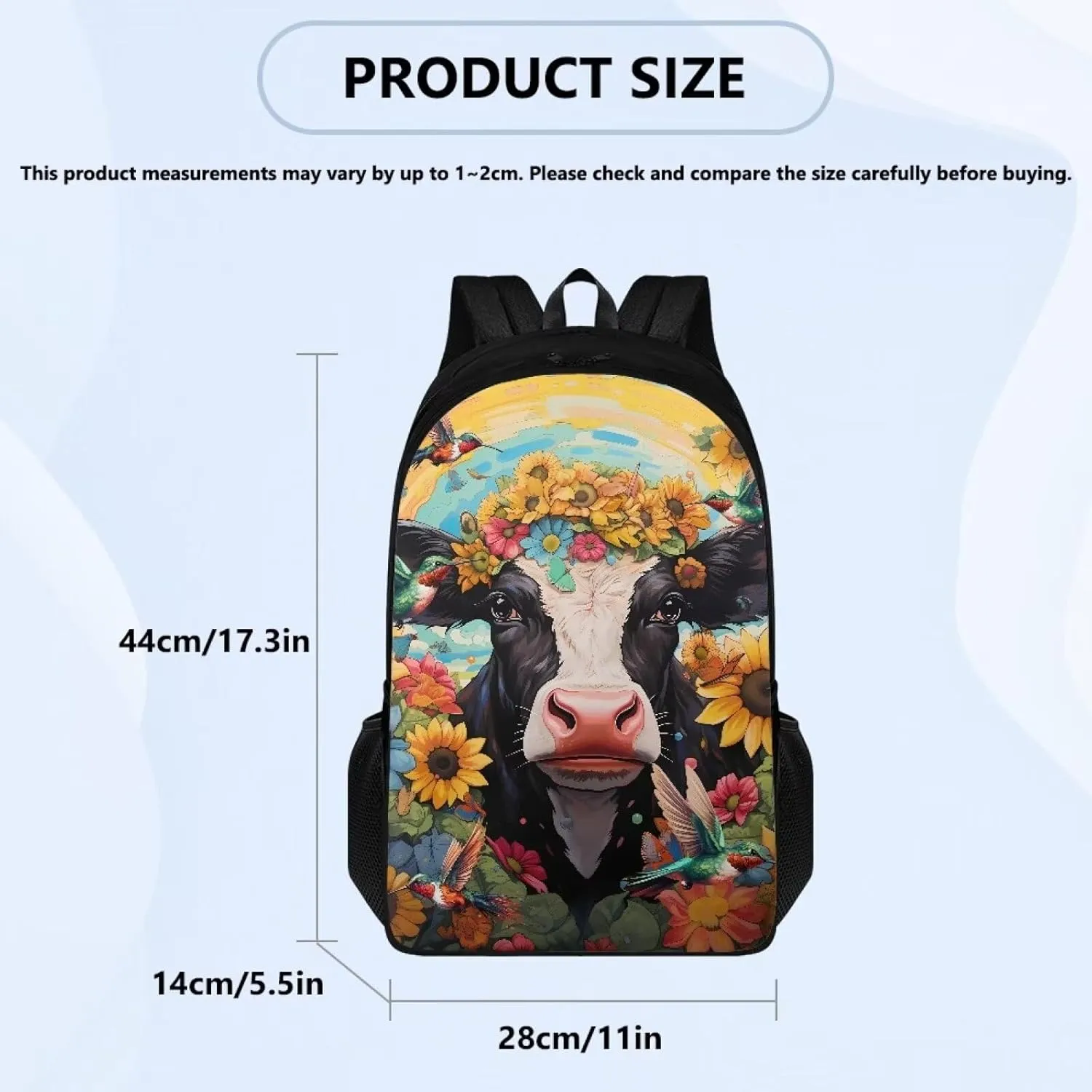 Cow Hummingbrid Flower Print Kids Schoolbag Book Bag Teen Girls Lightweight School Backpacks Daypack Rucksack with Double Compartment for Children Knapsack School Pack Back to School