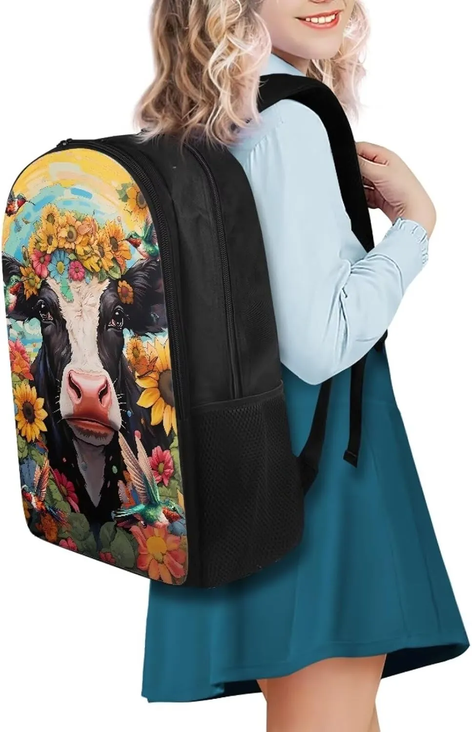 Cow Hummingbrid Flower Print Kids Schoolbag Book Bag Teen Girls Lightweight School Backpacks Daypack Rucksack with Double Compartment for Children Knapsack School Pack Back to School