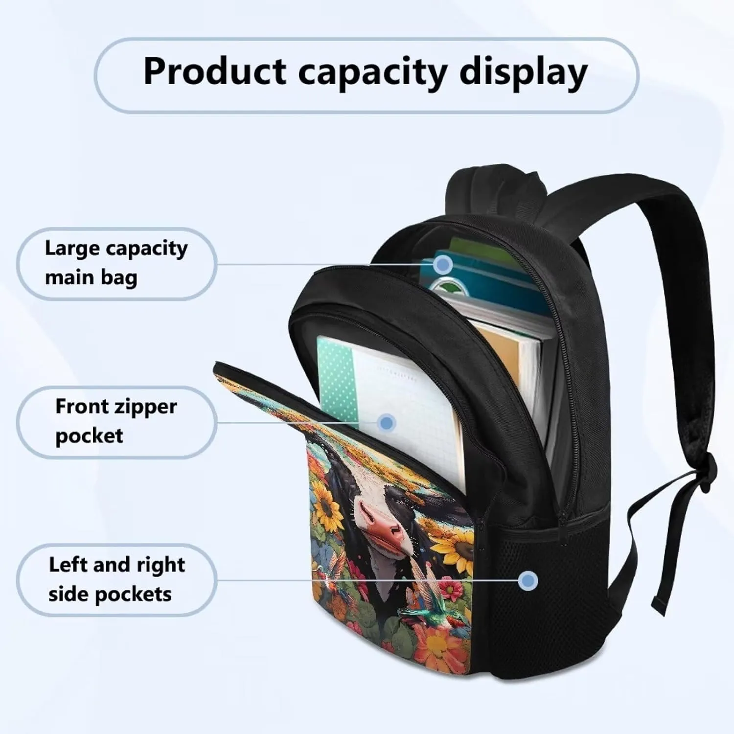 Cow Hummingbrid Flower Print Kids Schoolbag Book Bag Teen Girls Lightweight School Backpacks Daypack Rucksack with Double Compartment for Children Knapsack School Pack Back to School