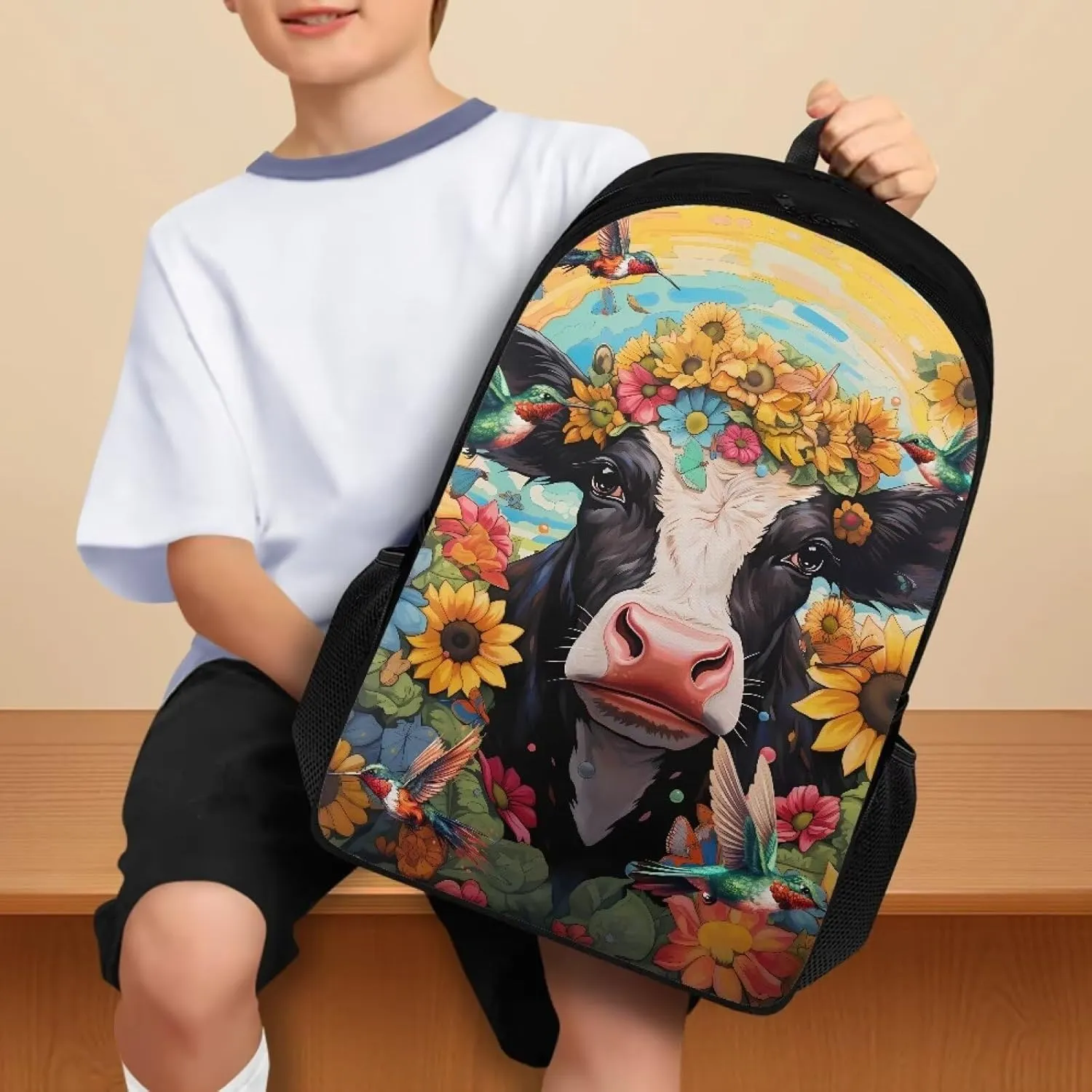 Cow Hummingbrid Flower Print Kids Schoolbag Book Bag Teen Girls Lightweight School Backpacks Daypack Rucksack with Double Compartment for Children Knapsack School Pack Back to School