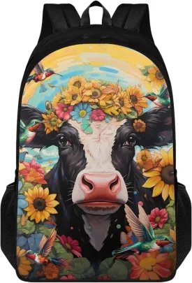 Cow Hummingbrid Flower Print Kids Schoolbag Book Bag Teen Girls Lightweight School Backpacks Daypack Rucksack with Double Compartment for Children Knapsack School Pack Back to School