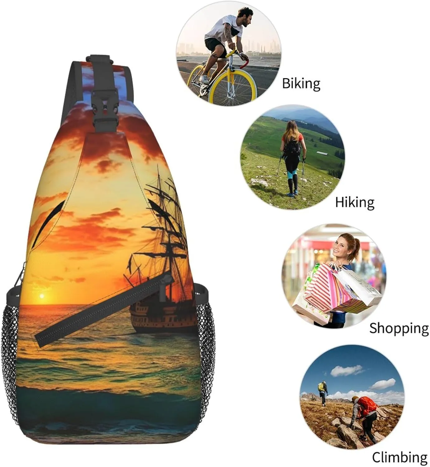 Crossbody Bag for Women Men Pirate ship in the sunset Chest Bag Crossbody Sling Bag Adjustable Shoulder Bag