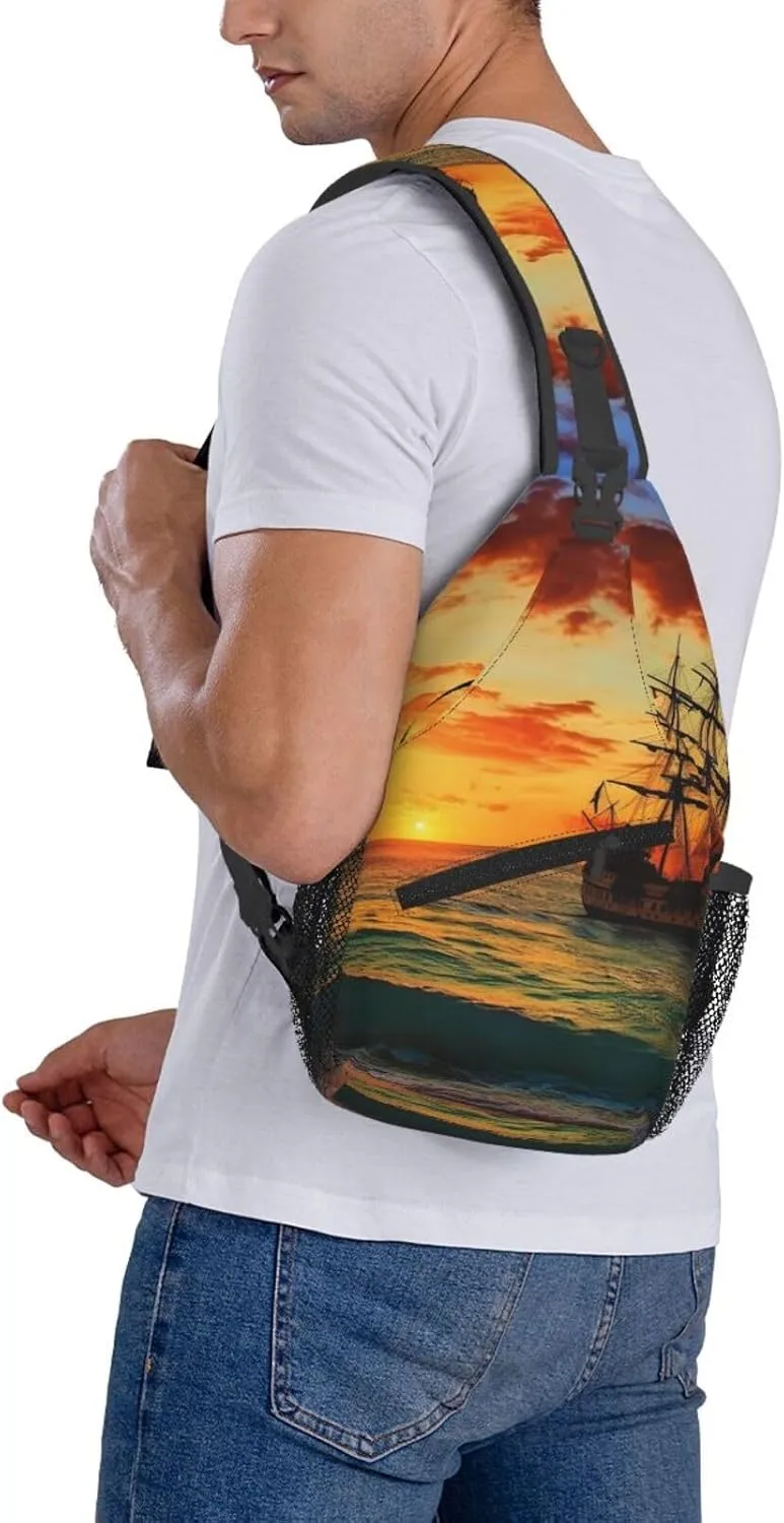 Crossbody Bag for Women Men Pirate ship in the sunset Chest Bag Crossbody Sling Bag Adjustable Shoulder Bag