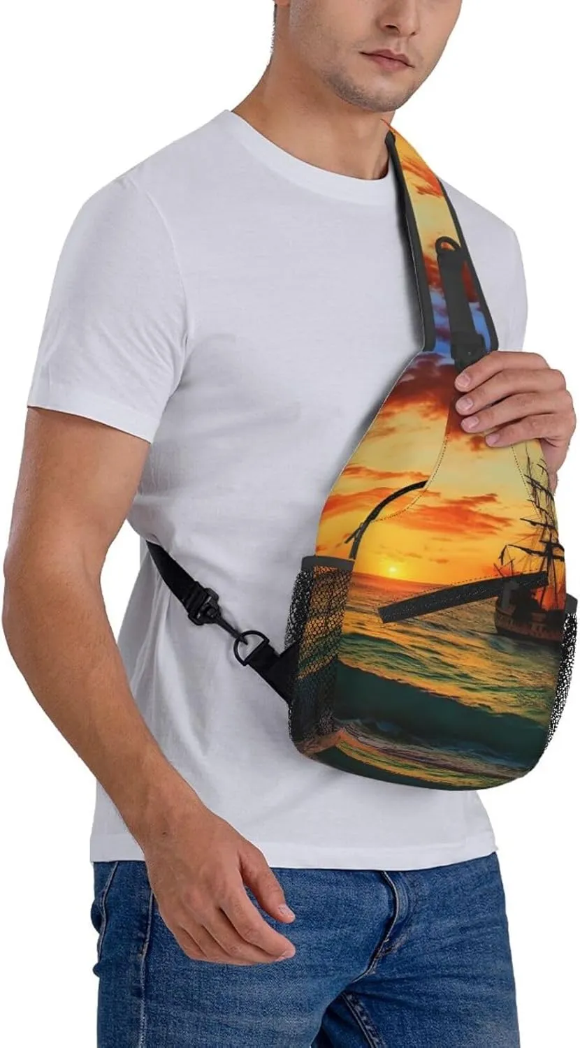 Crossbody Bag for Women Men Pirate ship in the sunset Chest Bag Crossbody Sling Bag Adjustable Shoulder Bag