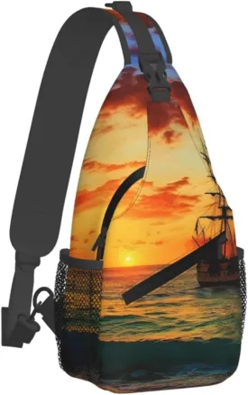 Crossbody Bag for Women Men Pirate ship in the sunset Chest Bag Crossbody Sling Bag Adjustable Shoulder Bag